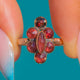 18ct French Perpignan Garnet Navette Flower Shape Ring, BOXED with Rare Horseshoe Ring box