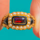 English Hallmarked Georgian 18ct Gold Garnet Pearl Black Enamel Cluster Ring c.1825