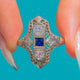 Art Deco 14ct White Gold French Cut Sapphire & Old European Cut Diamond Filigree Ring
